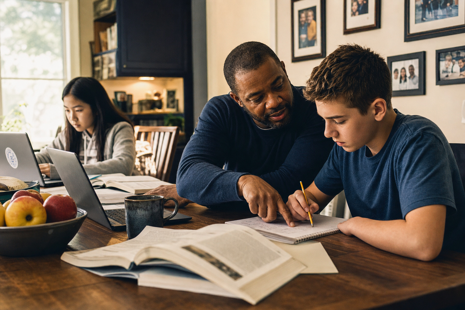 Sponsor parent helping with homework at the kitchen table