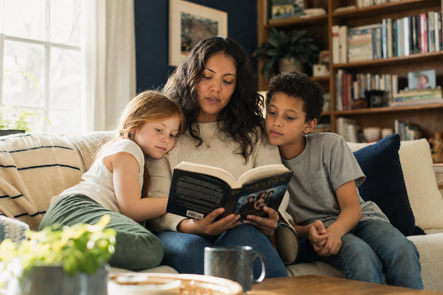 Sponsor Parent reading with children on a couch